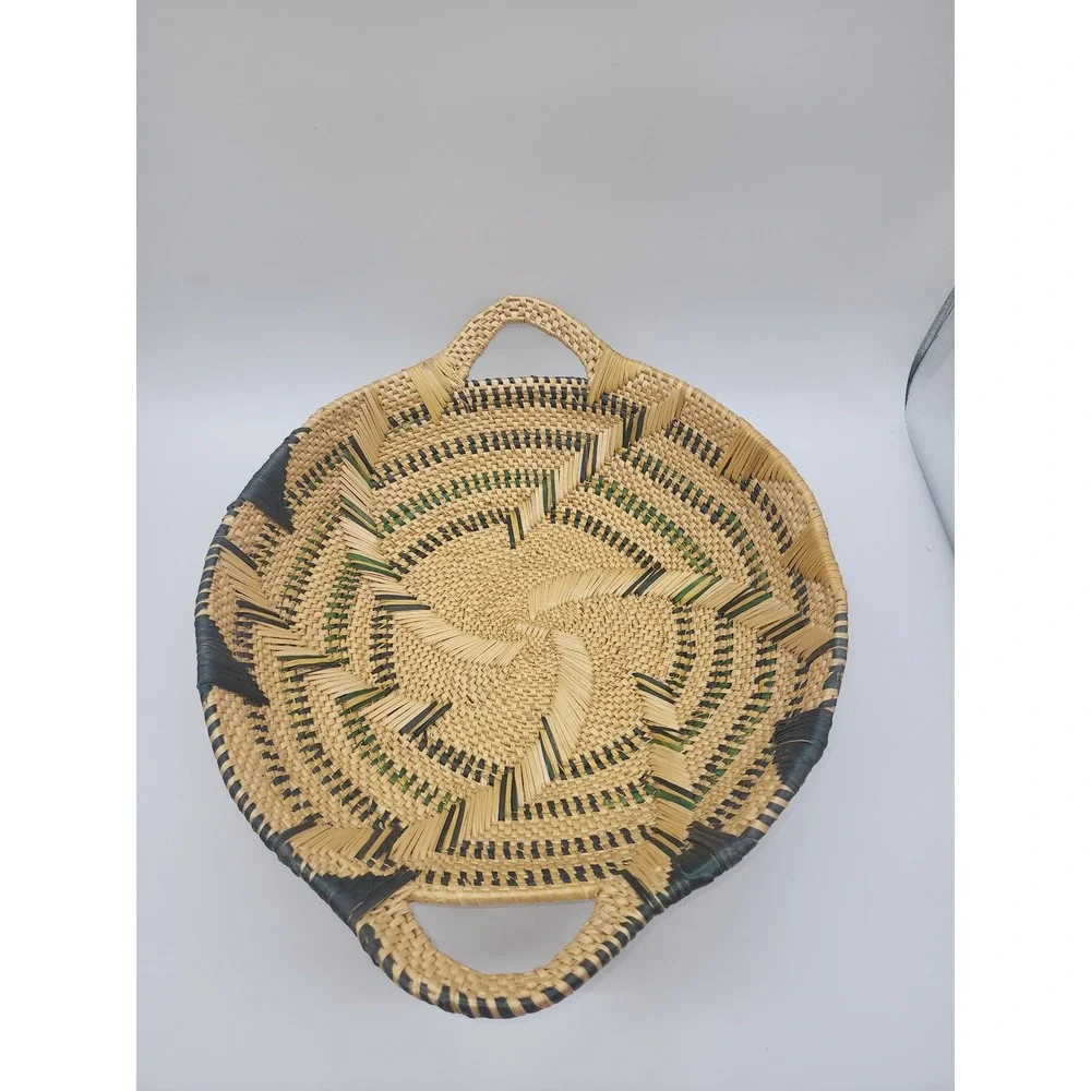 Handcrafted Woven Basket Tray Sunburst Pattern Round Shallow Bowl with Handles